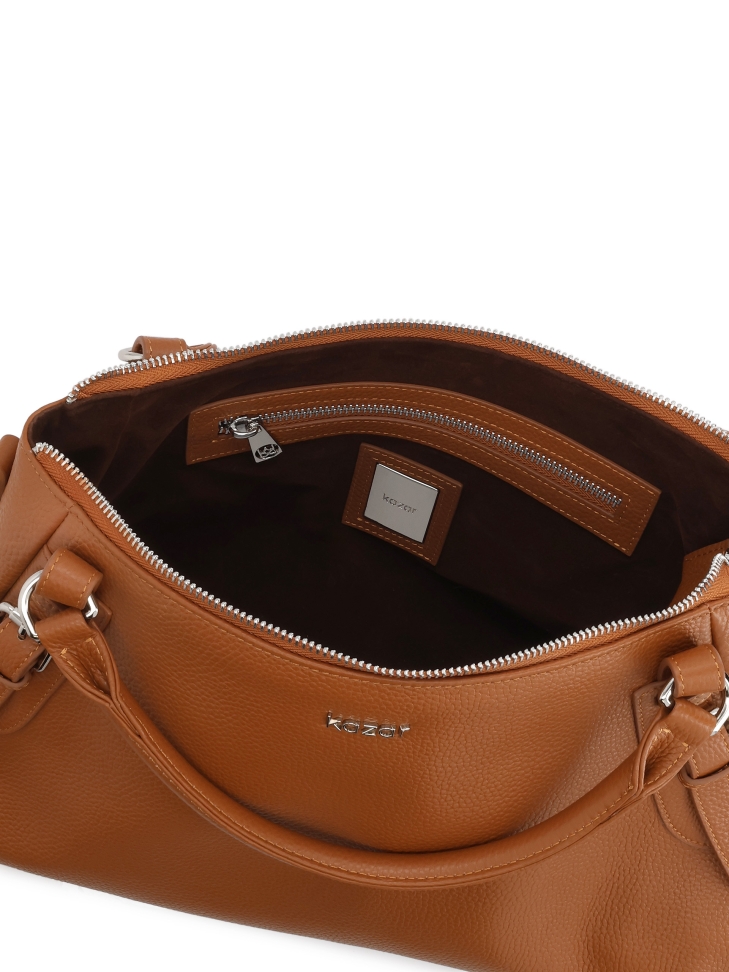 Light brown leather handbag with handles and silver details ELEONORE