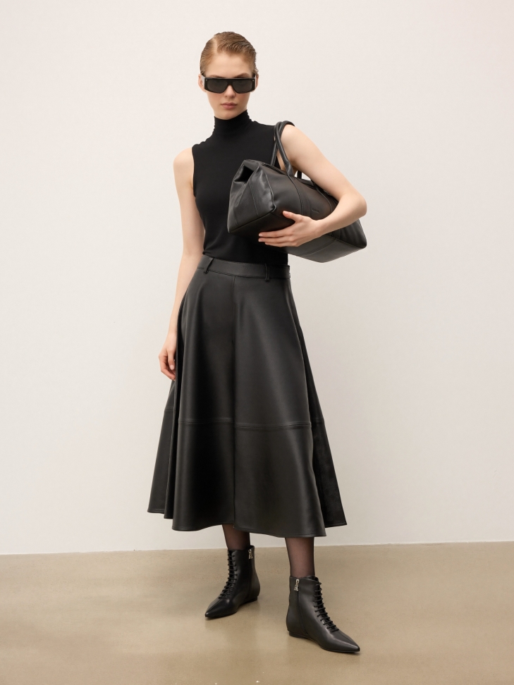 Black handbag made of soft natural leather with elongated cut KS VIORNE 